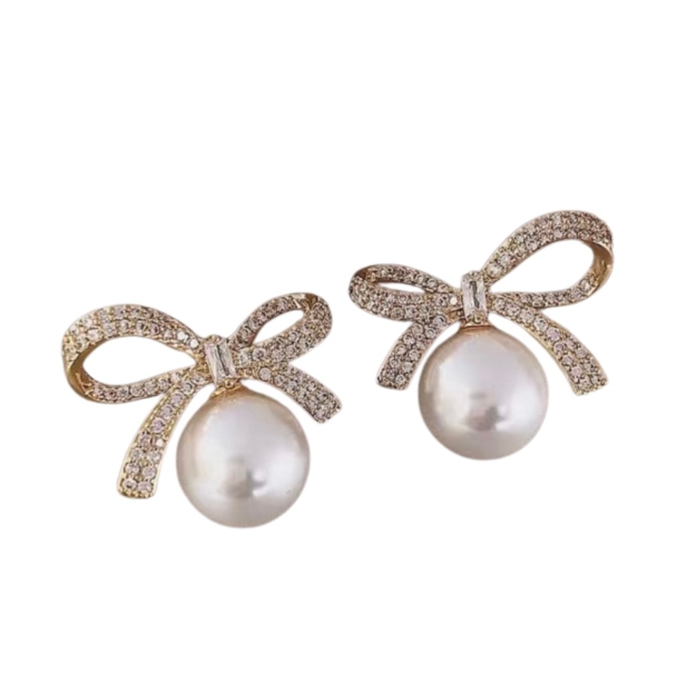 Gold Bow Classic Faux Pearl Formal Earrings Prom Cocktail Wedding Bridal Jewelry